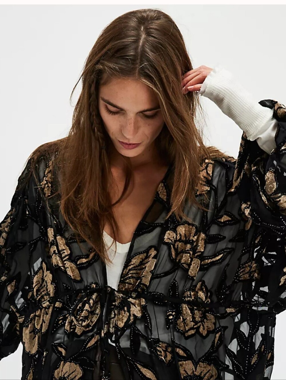 Free People Black Velvet Juliet Kimono with Gold Floral Embroidery Accents